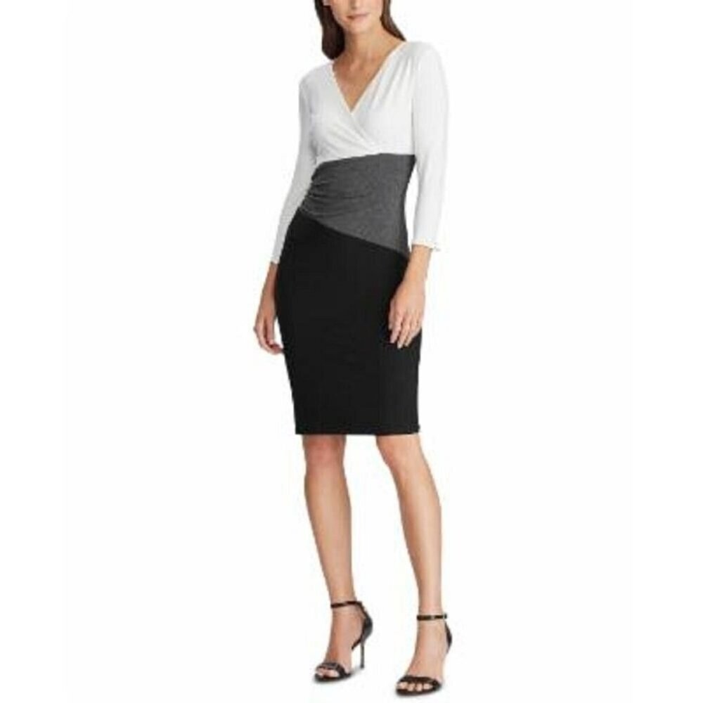 Ralph Lauren Womens V Neck Sheath Wear To Work Dress Black White Gray Size‎ 6